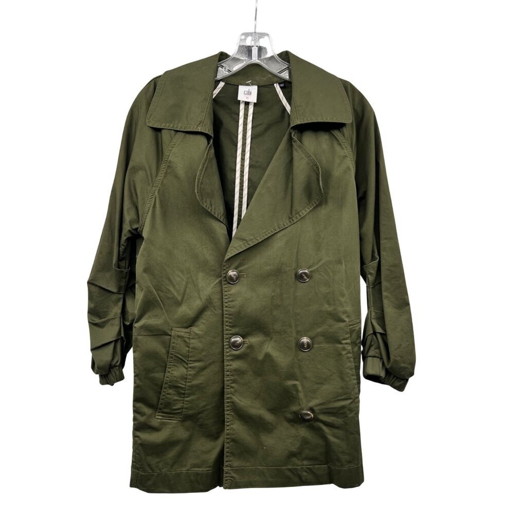 Cabi Womens Lightweight Pea Coat Long Ruched Sleeve Buttons Green Size XS